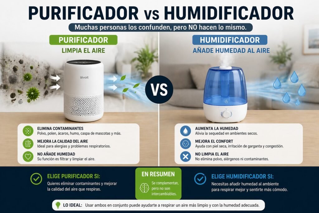 Infografía comparativa de purificador vs humidificador mostrando que el purificador limpia el aire y el humidificador añade humedad