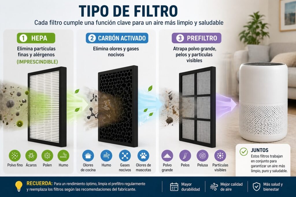 Infografía de tipos de filtro en purificadores de aire: HEPA para partículas finas, carbón activado para olores y prefiltro para polvo grande