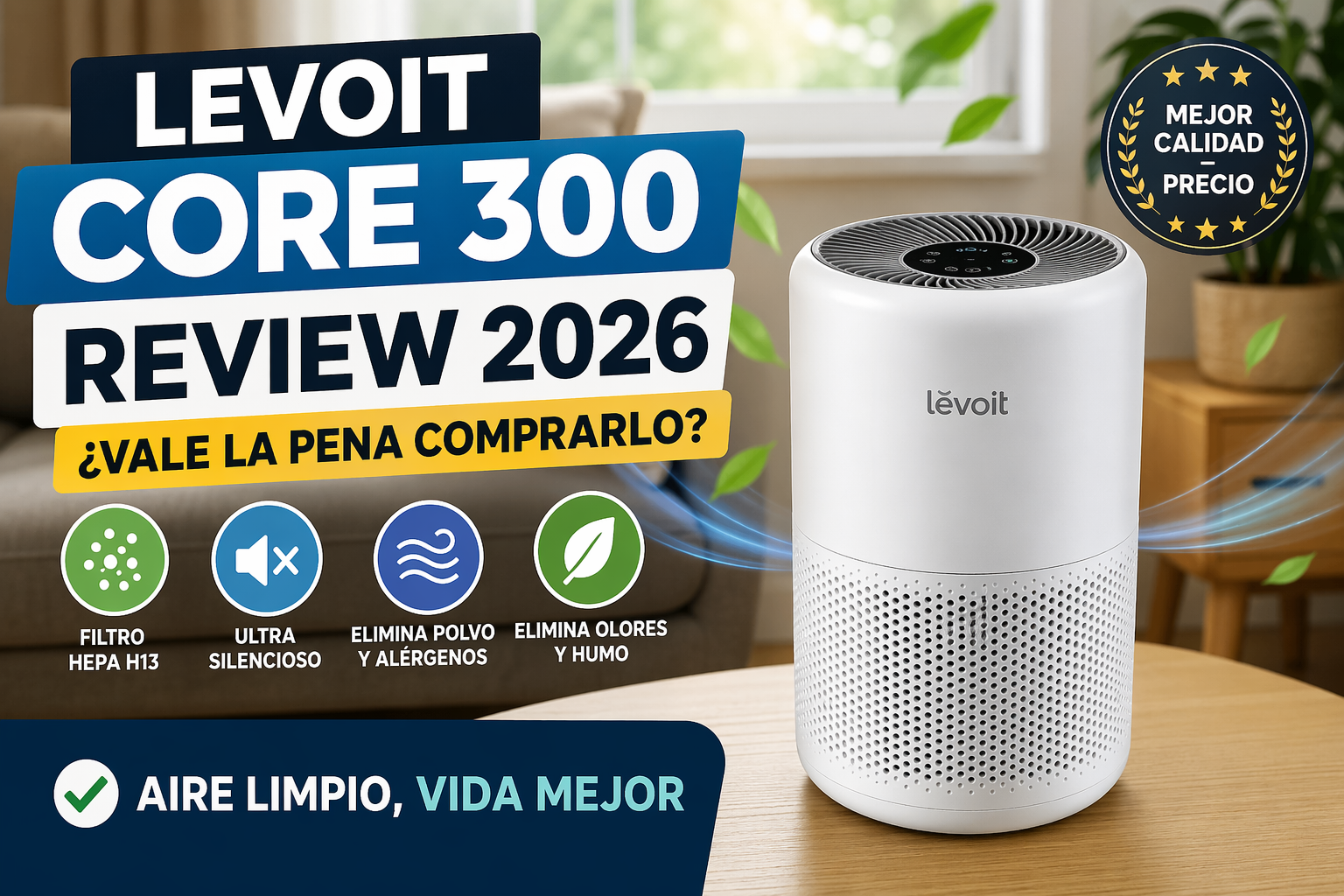 Purificador de aire LEVOIT Core 300 en sala moderna con filtro HEPA H13, silencioso, elimina polvo, alérgenos y olores