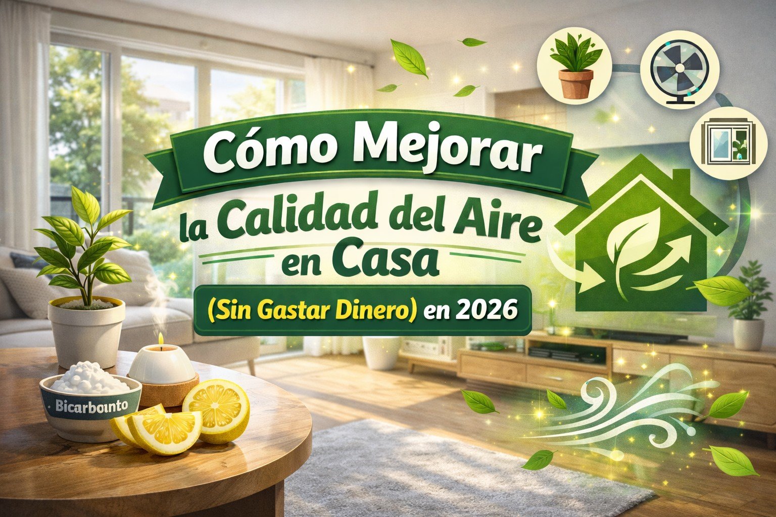 Cómo mejorar la calidad del aire en casa sin gastar dinero: sala moderna con ventilación natural, plantas, limón y bicarbonato