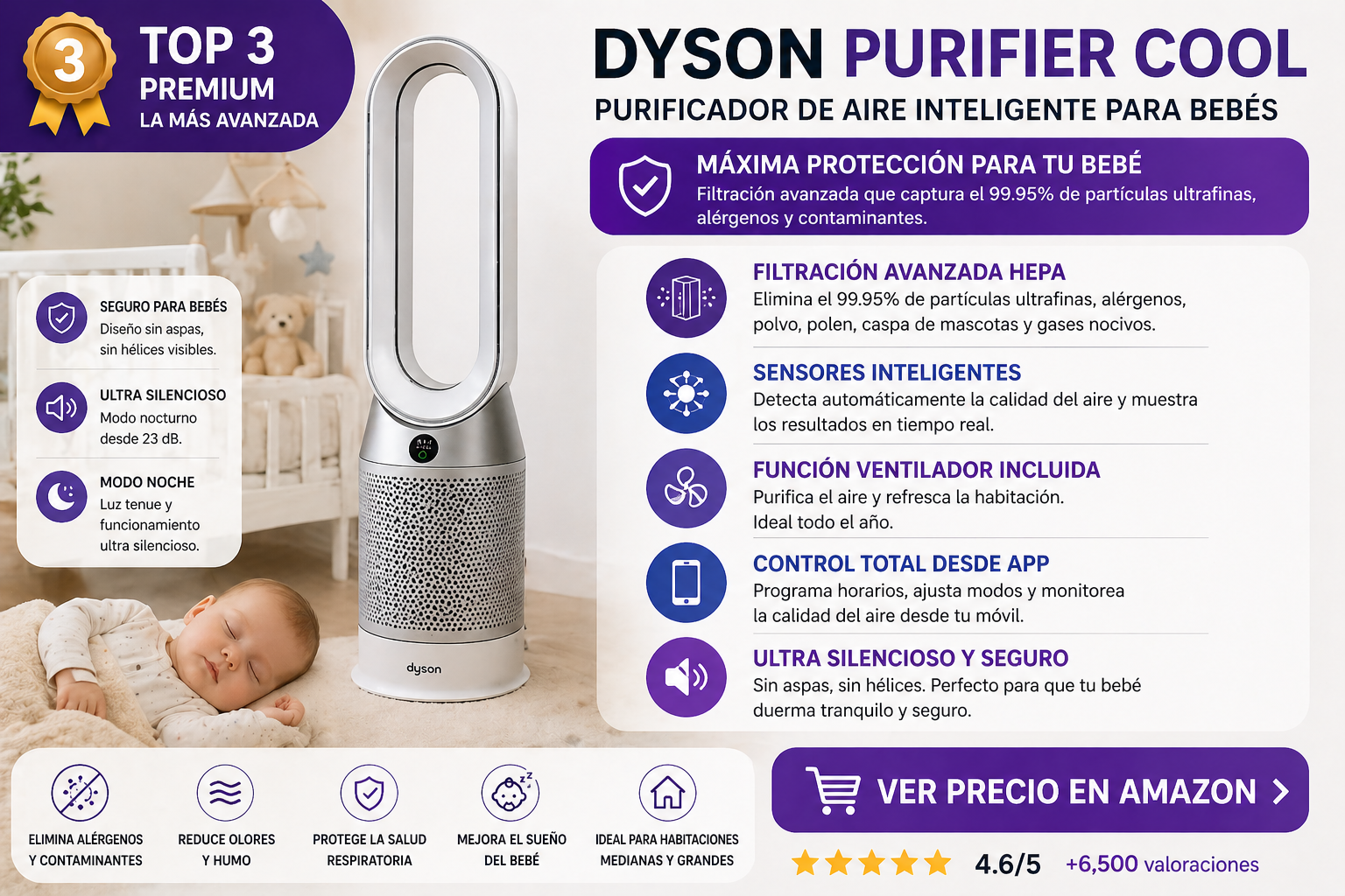Dyson Purifier Cool purificador de aire premium para bebés sin aspas con filtración avanzada y diseño seguro