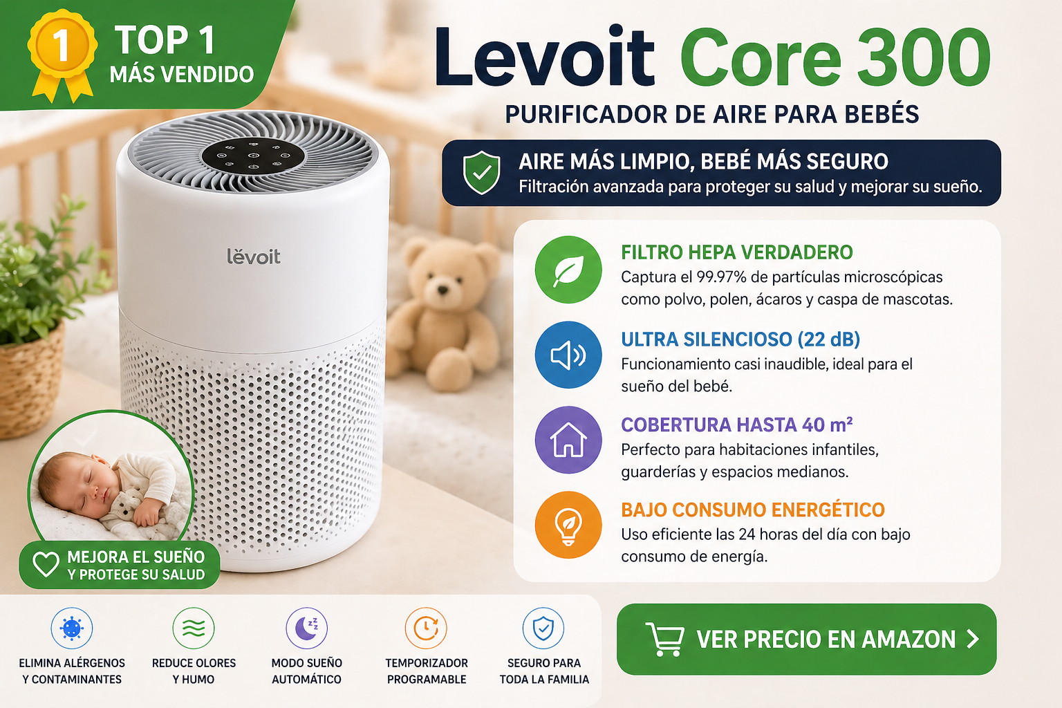 purificador de aire Levoit Core 300 para bebés en habitación infantil silencioso con filtro HEPA y ambiente limpio