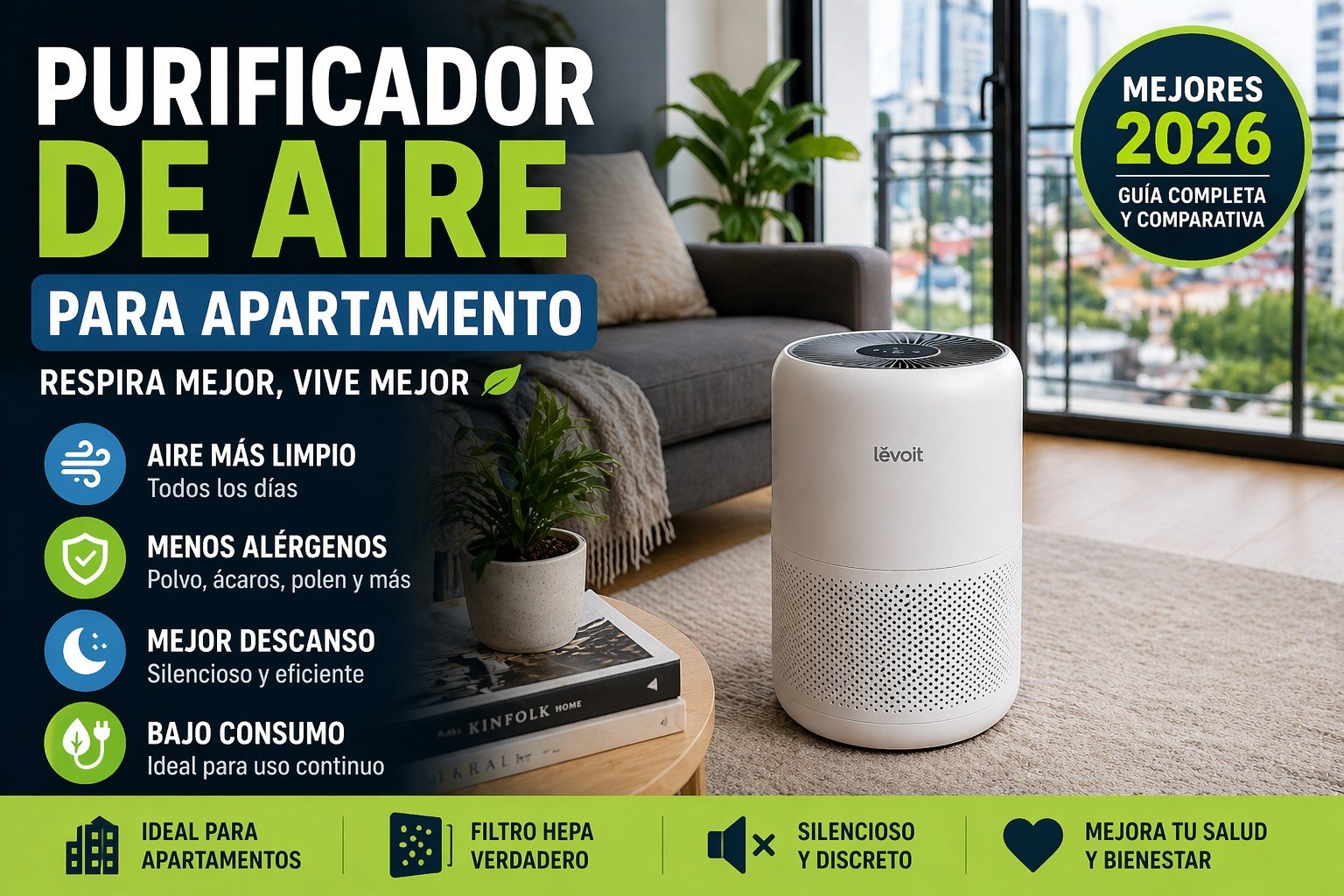Purificador de aire para apartamento en sala moderna con filtro HEPA, ideal para espacios pequeños y mejorar la calidad del aire