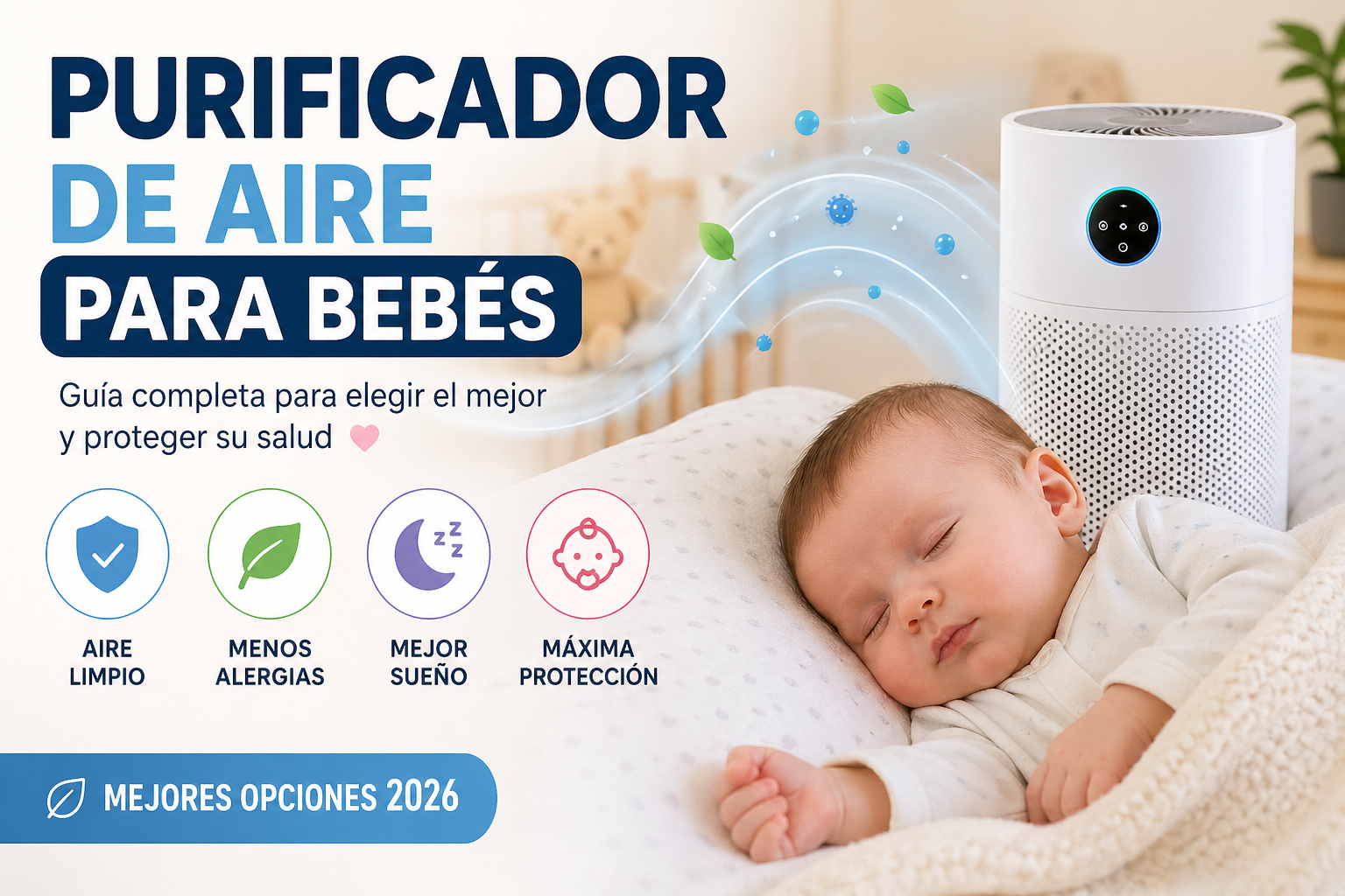 purificador de aire para bebés en habitación infantil con bebé durmiendo aire limpio saludable sin alergias
