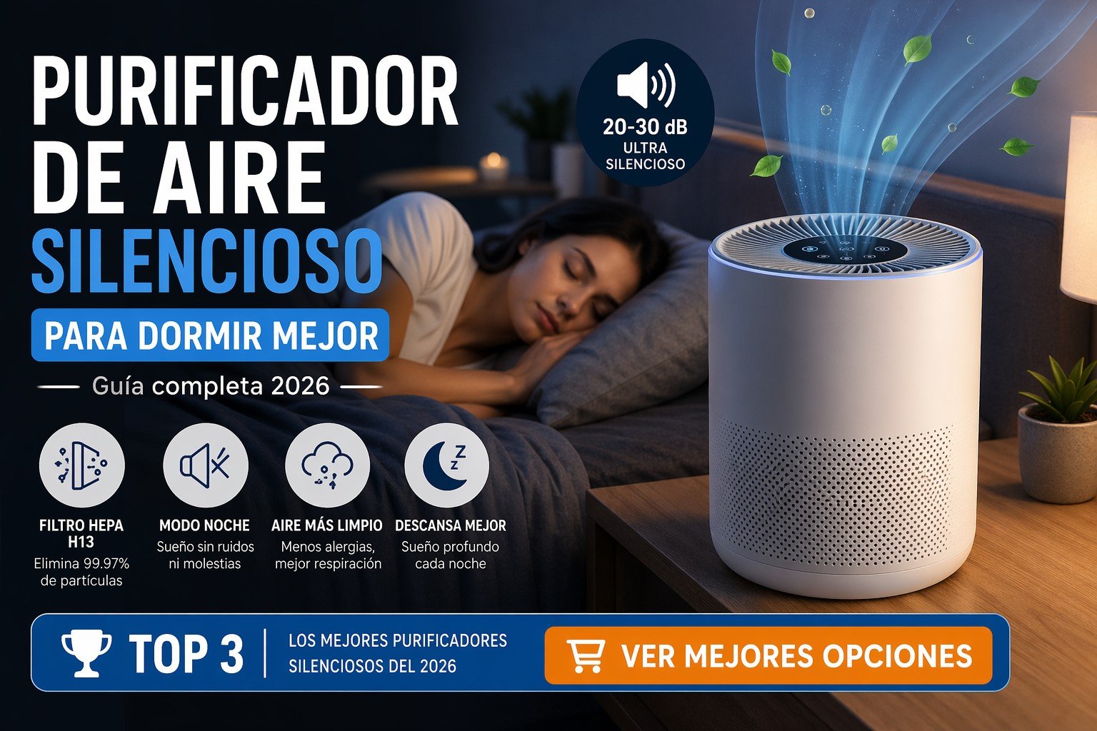 Purificador de aire silencioso en dormitorio moderno mientras una persona duerme, mostrando funcionamiento silencioso de 20-30 dB ideal para mejorar la calidad del sueño