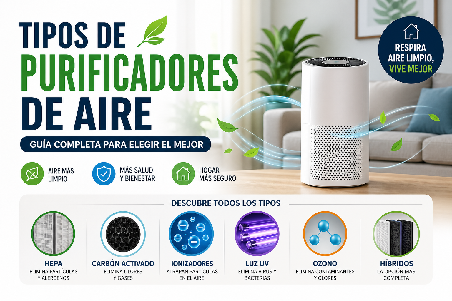 Tipos de purificadores de aire: HEPA, carbón activado, ionizadores, luz UV y sistemas híbridos en un hogar moderno