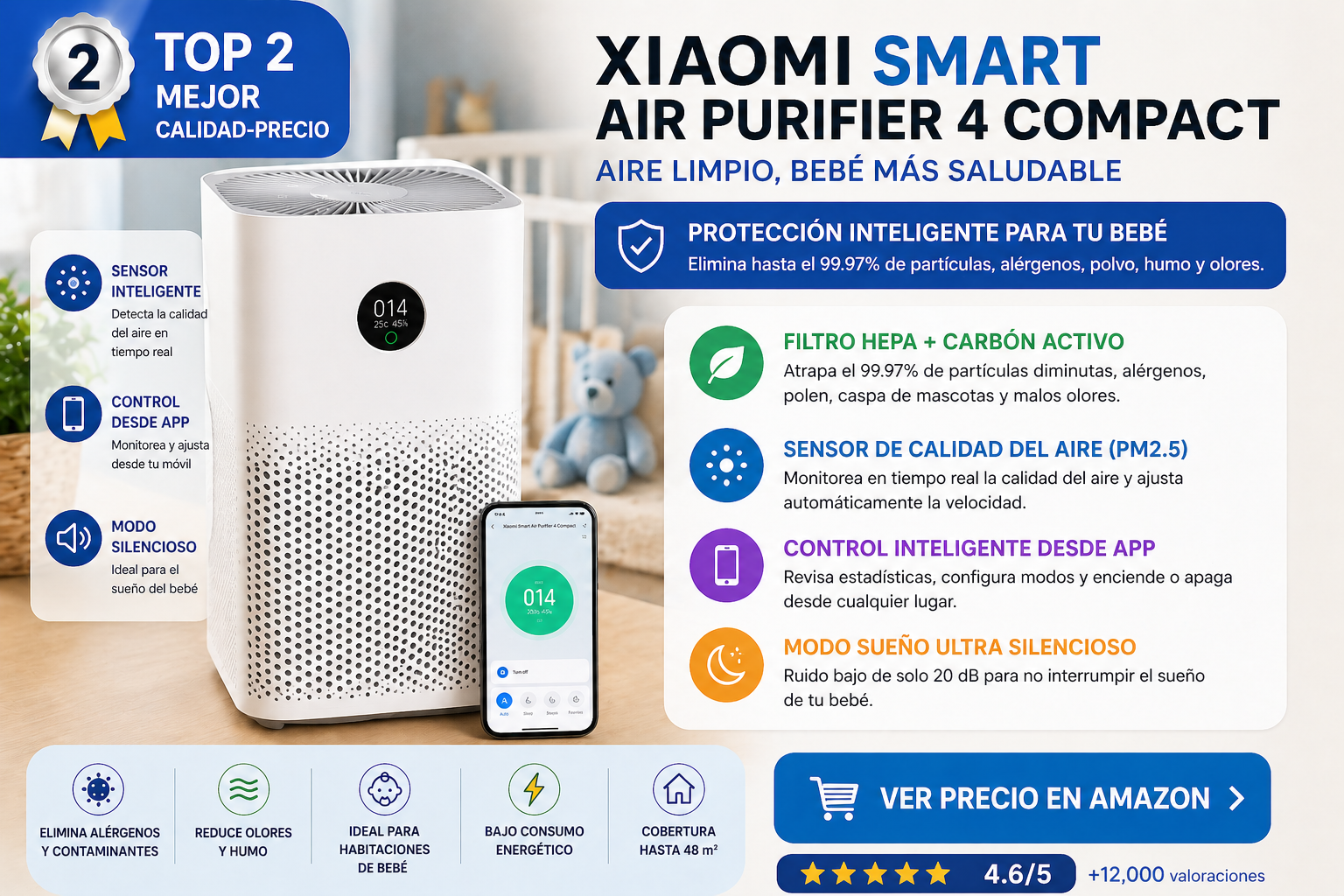 purificador de aire Xiaomi para bebés con sensor inteligente control app y filtro HEPA en habitación moderna