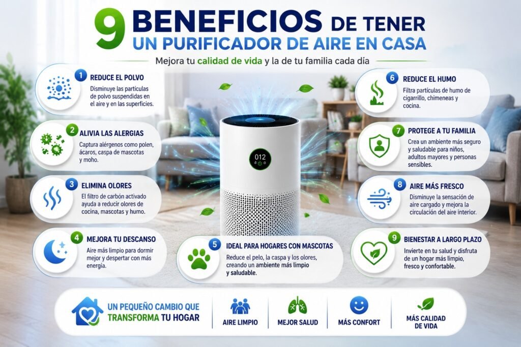 Beneficios de un purificador de aire en casa mostrando cómo reduce el polvo, los alérgenos, los olores y mejora la calidad del aire interior para un hogar más saludable.