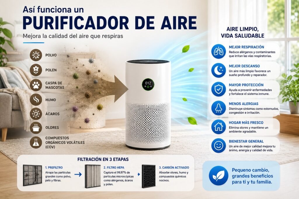 Cómo funciona un purificador de aire para eliminar polvo, polen, ácaros, humo y olores, mejorando la calidad del aire y la salud respiratoria en el hogar.