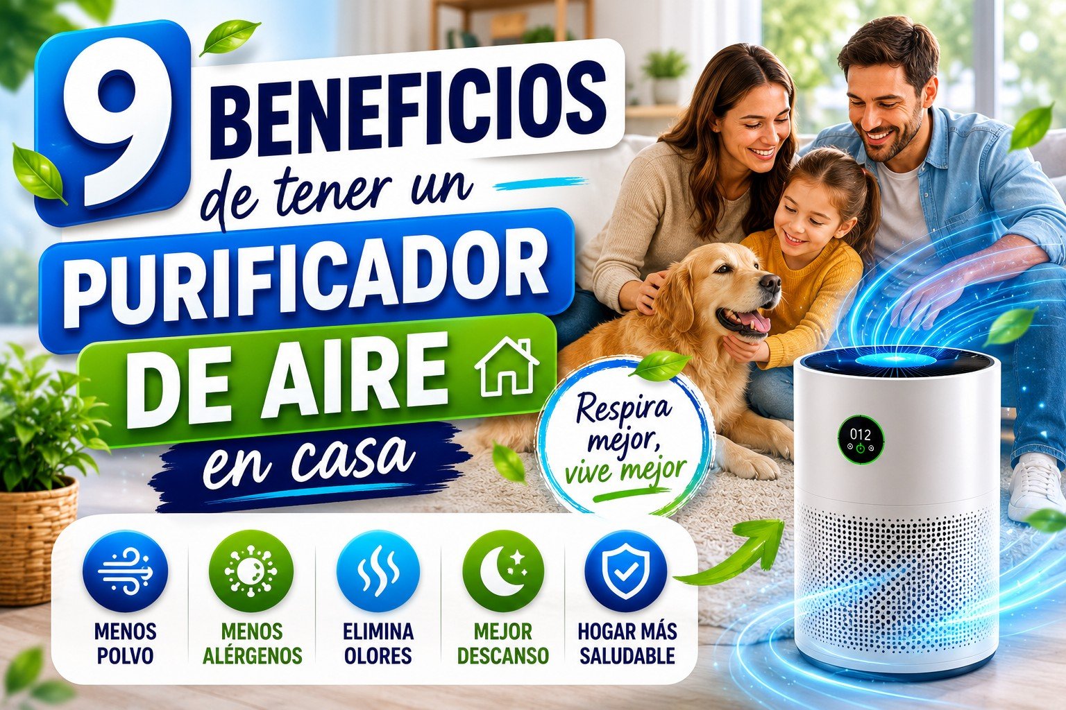 Imagen sobre los beneficios de un purificador de aire en casa, incluyendo menos polvo, menos alérgenos, eliminación de olores y una mejor calidad del aire para toda la familia.