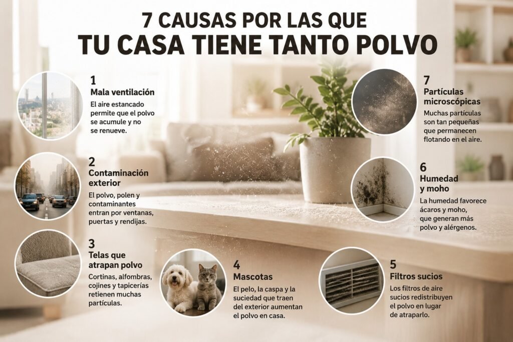Infografía sobre por qué mi casa tiene tanto polvo, mostrando las principales causas de acumulación de polvo en el hogar como mala ventilación, contaminación exterior, mascotas, humedad, filtros sucios y partículas microscópicas en el aire.
