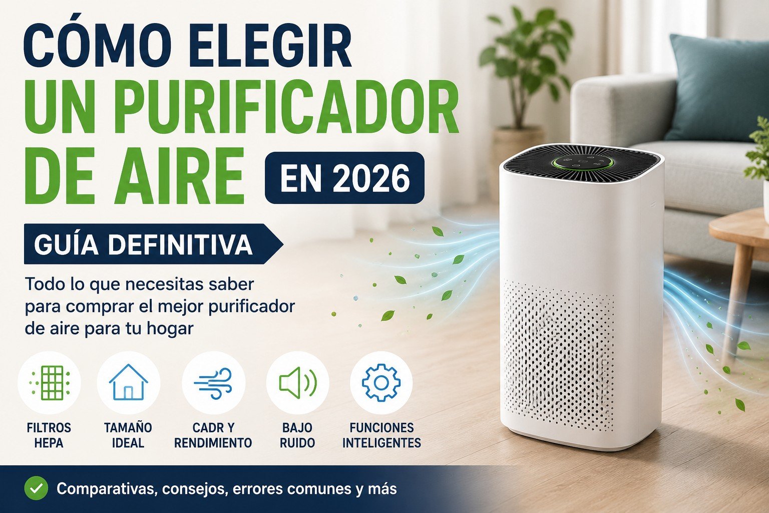 Guía definitiva para saber como elegir un purificador de aire en 2026 con filtros HEPA, CADR, bajo ruido y funciones inteligentes en un hogar moderno.