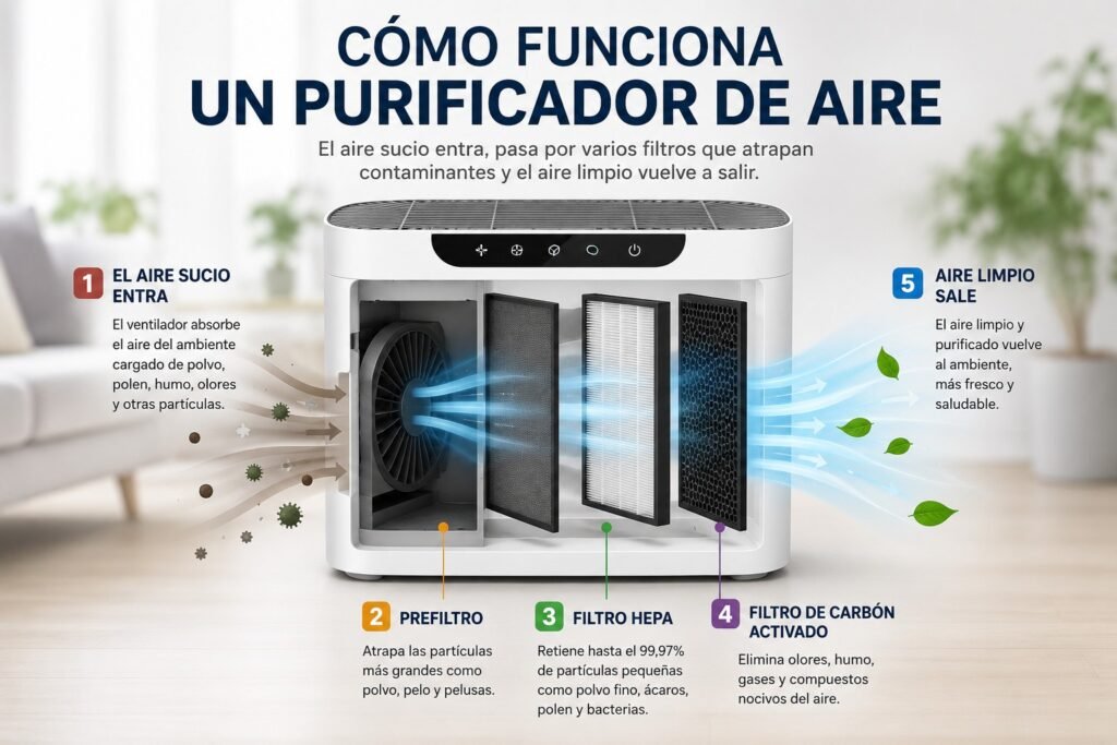 Infografía que explica cómo funciona un purificador de aire con sistema de filtración HEPA, prefiltro y carbón activado eliminando polvo, humo, olores y partículas contaminantes del aire interior.