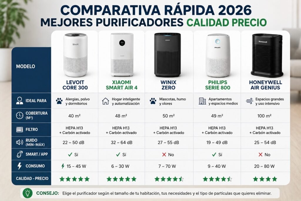 Comparativa de purificadores de aire calidad precio en 2026 mostrando modelos recomendados según filtración HEPA, ruido, cobertura y funciones inteligentes.