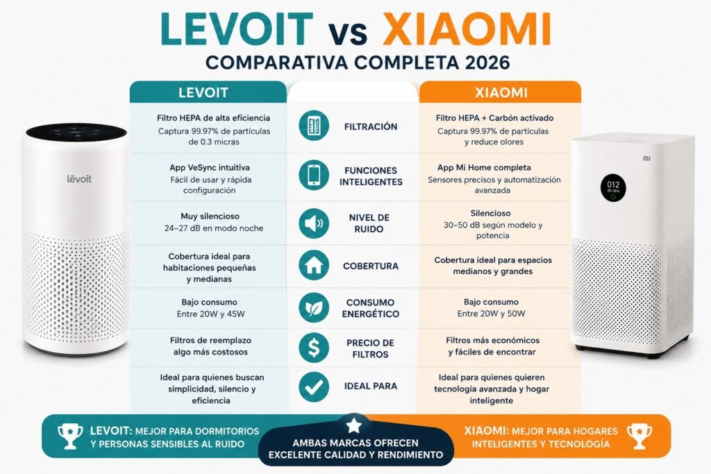Comparativa entre purificadores de aire Levoit vs Xiaomi mostrando filtración HEPA, funciones inteligentes, nivel de ruido, cobertura y consumo energético en 2026.