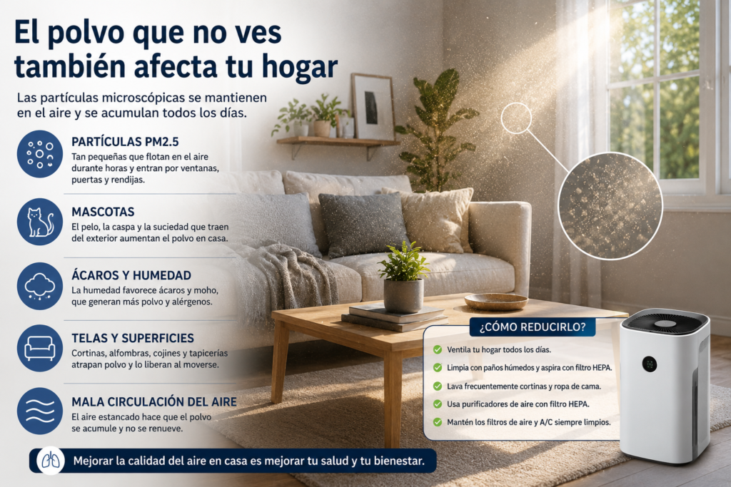 Infografía sobre por qué mi casa tiene tanto polvo, mostrando partículas de polvo flotando en una sala iluminada, causas como humedad, mascotas y mala circulación del aire, además de consejos para mejorar la calidad del aire interior con filtros HEPA y limpieza adecuada.
