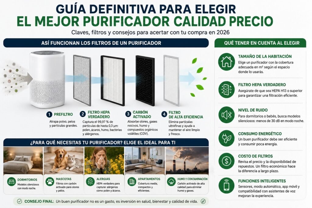 Comparativa visual de purificadores de aire recomendados en 2026 mostrando filtros HEPA, cobertura, nivel de ruido y opciones ideales para alergias, mascotas y habitaciones grandes.