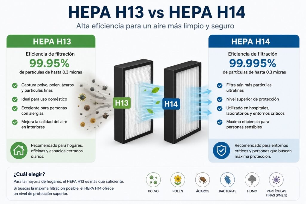 Comparativa entre filtros HEPA H13 y HEPA H14 mostrando eficiencia de filtración, partículas que eliminan y diferencias para mejorar la calidad del aire en casa.