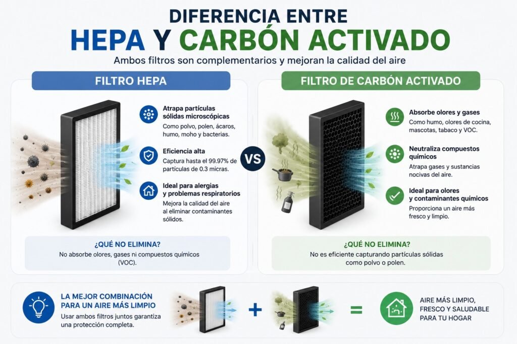 Diferencia entre filtro HEPA y carbón activado mostrando cómo el HEPA captura polvo y partículas mientras el carbón activado elimina olores, humo y gases del aire.