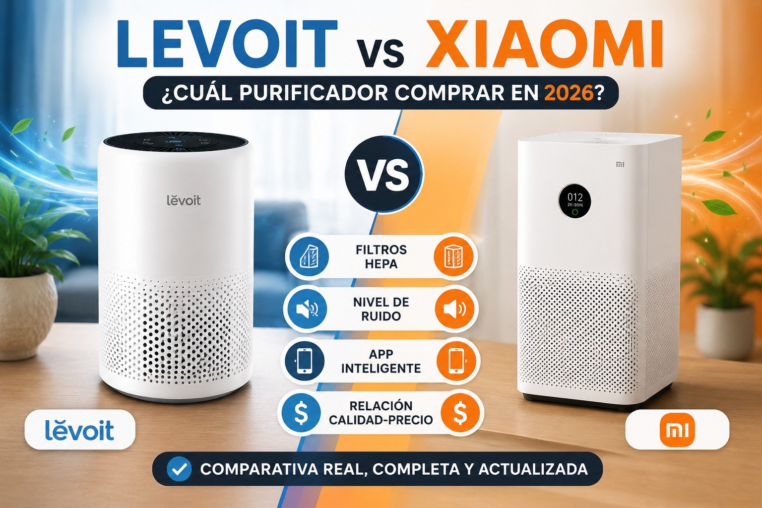 Comparativa visual entre purificadores de aire Levoit vs Xiaomi en 2026 mostrando filtros HEPA, nivel de ruido, app inteligente y relación calidad-precio.