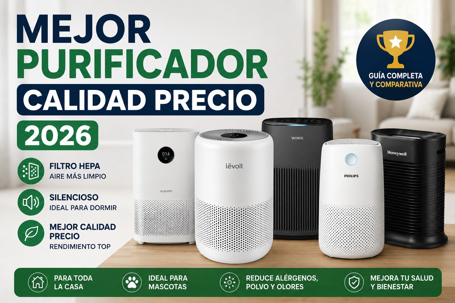 Comparativa del mejor purificador calidad precio en 2026 mostrando modelos HEPA silenciosos para alergias, mascotas, polvo y apartamentos.