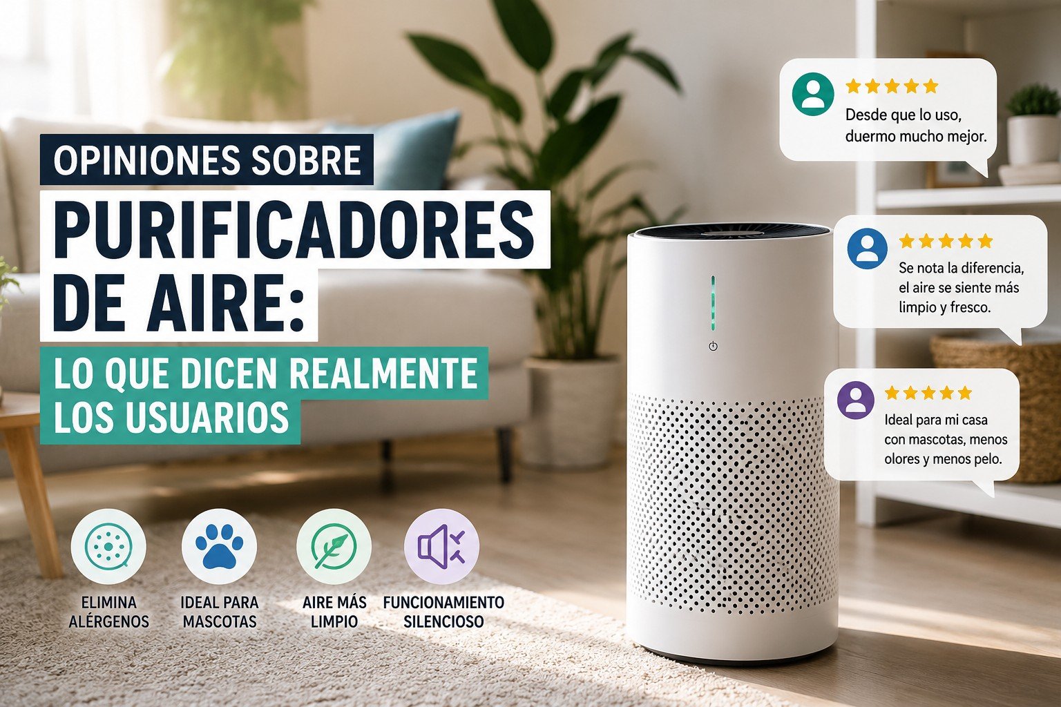 Opiniones sobre purificadores de aire en una sala moderna con testimonios de usuarios satisfechos y purificador de aire funcionando