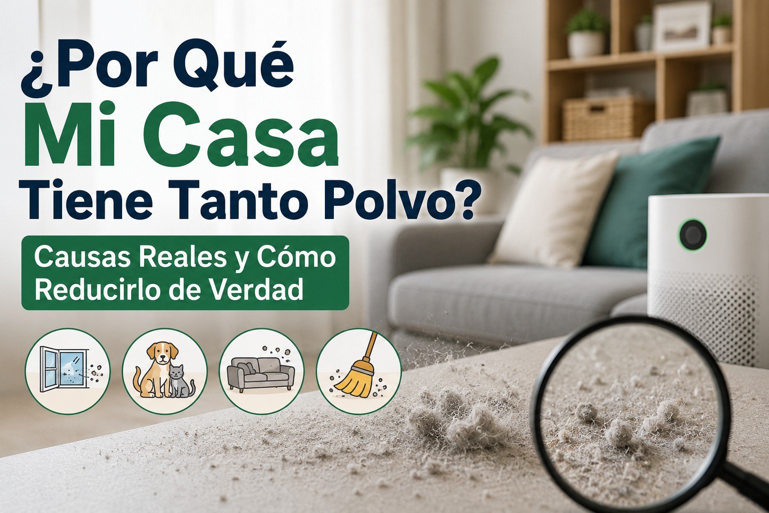 ¿Por qué mi casa tiene tanto polvo? Imagen sobre las causas del polvo en el hogar y cómo reducirlo con una limpieza adecuada, mejor ventilación y purificadores de aire.