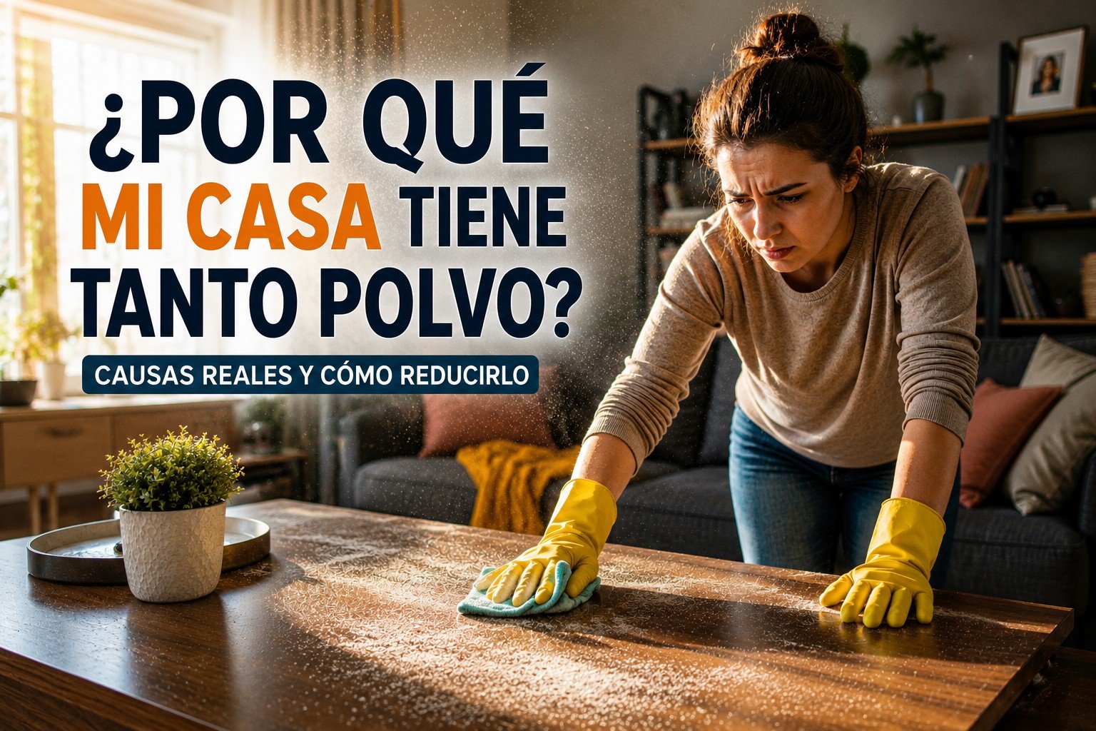 Persona limpiando una mesa llena de polvo en una sala moderna mientras la luz del sol muestra partículas en el aire, representando por qué mi casa tiene tanto polvo y cómo afecta la calidad del aire interior.