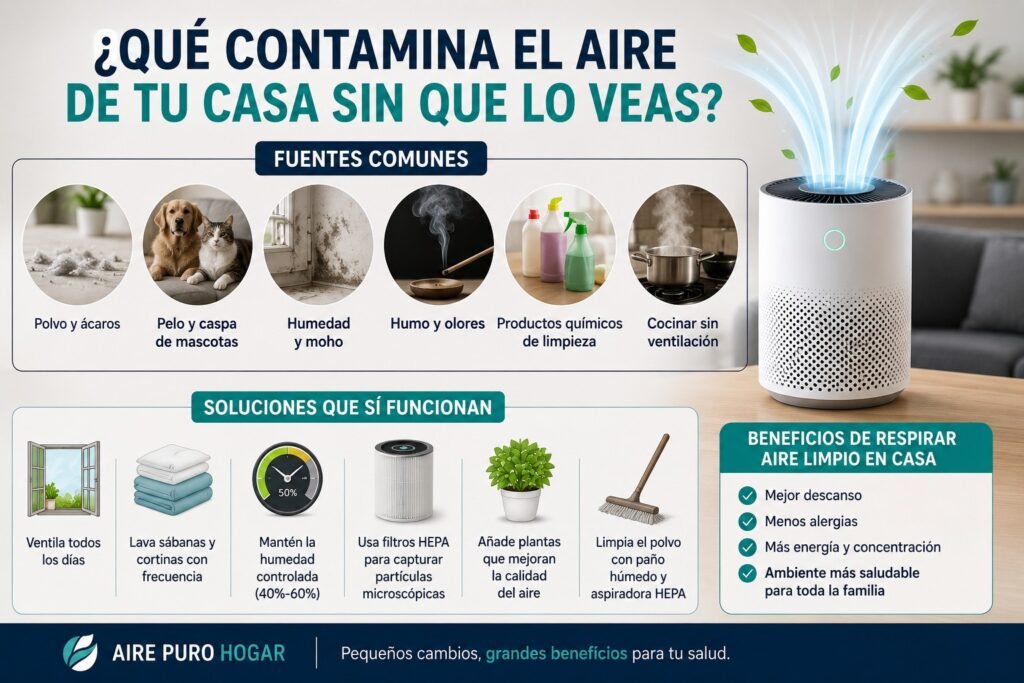 Infografía sobre qué contamina el aire de tu casa sin que lo veas, incluyendo polvo, humedad, mascotas y soluciones como filtros HEPA y purificadores de aire