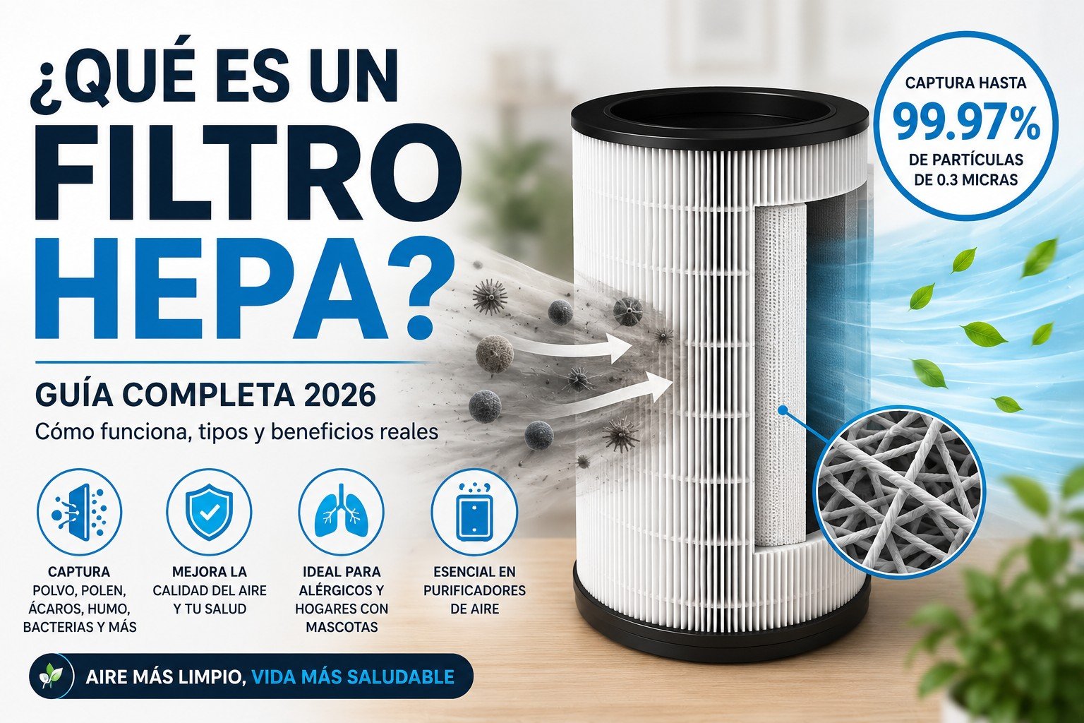 Que es un Filtro HEPA descubre cómo captura polvo, polen, humo y partículas microscópicas para mejorar la calidad del aire en casa en 2026.