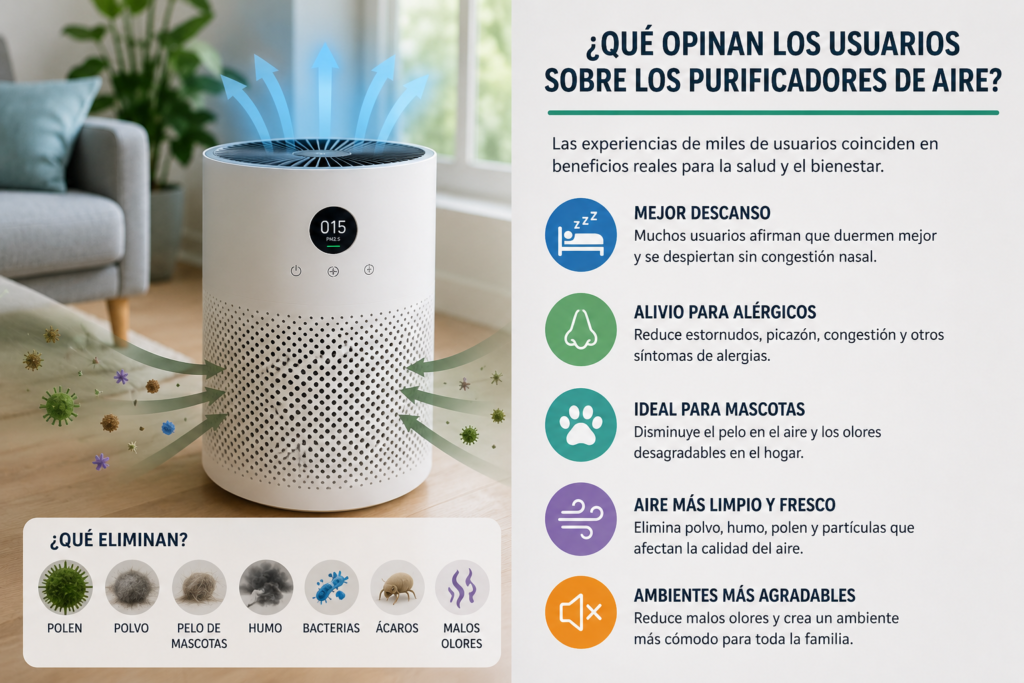 Opiniones sobre purificadores de aire mostrando beneficios para alergias, mascotas, polvo y calidad del aire en el hogar