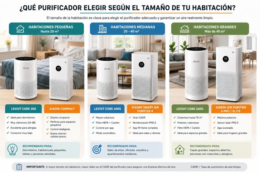 Comparativa de purificadores Levoit y Xiaomi según el tamaño de habitación mostrando modelos recomendados para espacios pequeños, medianos y grandes en 2026.
