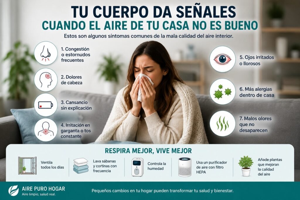 Infografía sobre síntomas de mala calidad del aire en casa como congestión, alergias, cansancio y dolor de cabeza junto a consejos para mejorar el aire interior