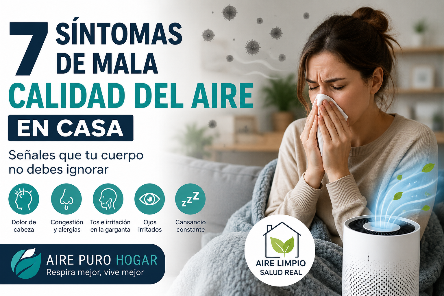Mujer con síntomas de mala calidad del aire en casa usando pañuelo junto a un purificador de aire HEPA en el dormitorio