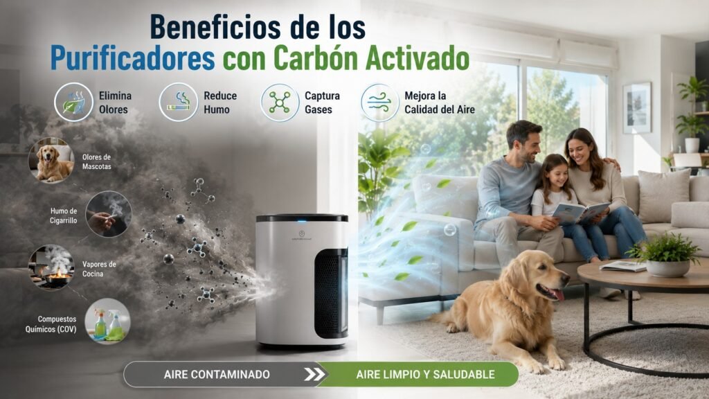 Beneficios de los purificadores de aire con carbón activado en el hogar mostrando una familia disfrutando de aire limpio mientras se eliminan olores de mascotas, humo de cigarrillo, gases y compuestos orgánicos volátiles (COV).