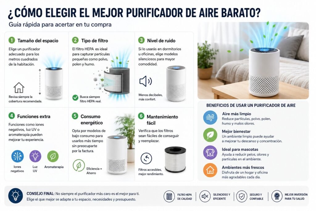 Cómo elegir el mejor purificador de aire barato con filtro HEPA: guía visual con consejos sobre tamaño del espacio, tipo de filtro, nivel de ruido, consumo energético y mantenimiento