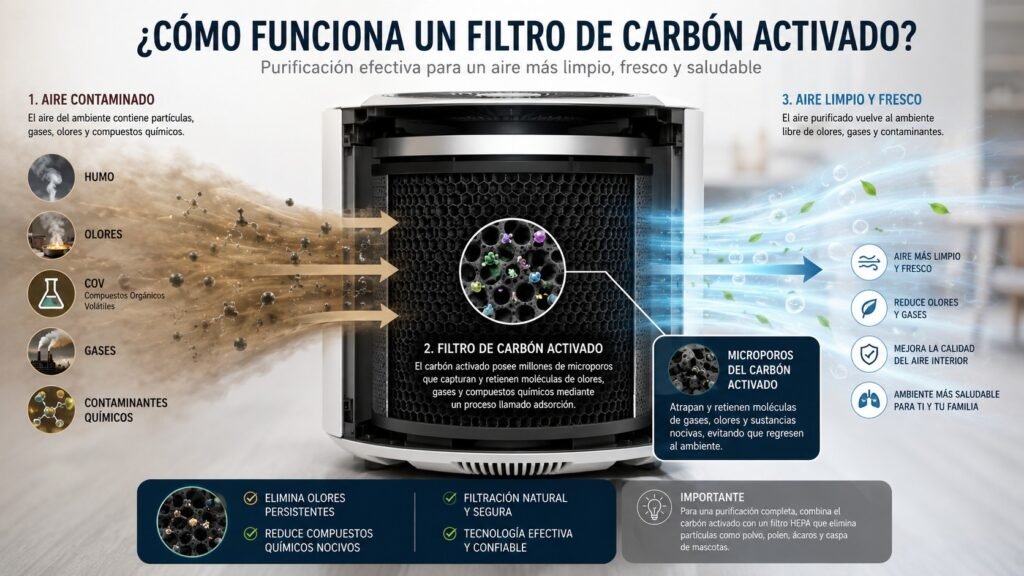 Cómo funciona un filtro de carbón activado en un purificador de aire capturando olores, humo, gases, compuestos orgánicos volátiles (COV) y contaminantes químicos para mejorar la calidad del aire interior.