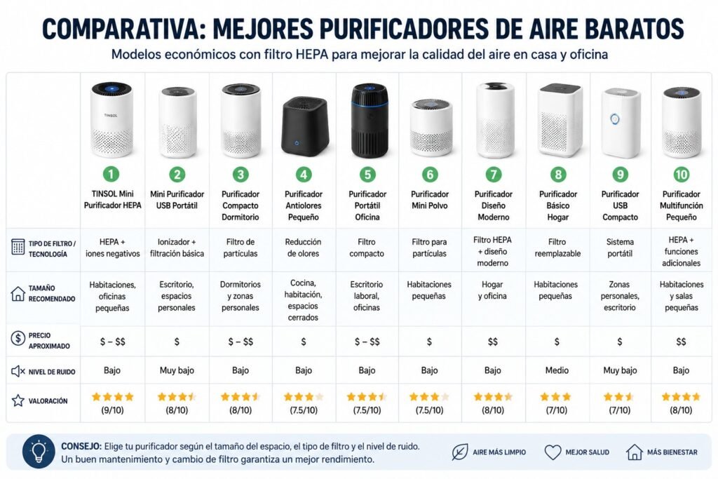Comparativa de los mejores purificadores de aire baratos con filtro HEPA, modelos económicos del top 10 con características, tamaño recomendado, precio y valoración para elegir el ideal para hogar y oficina