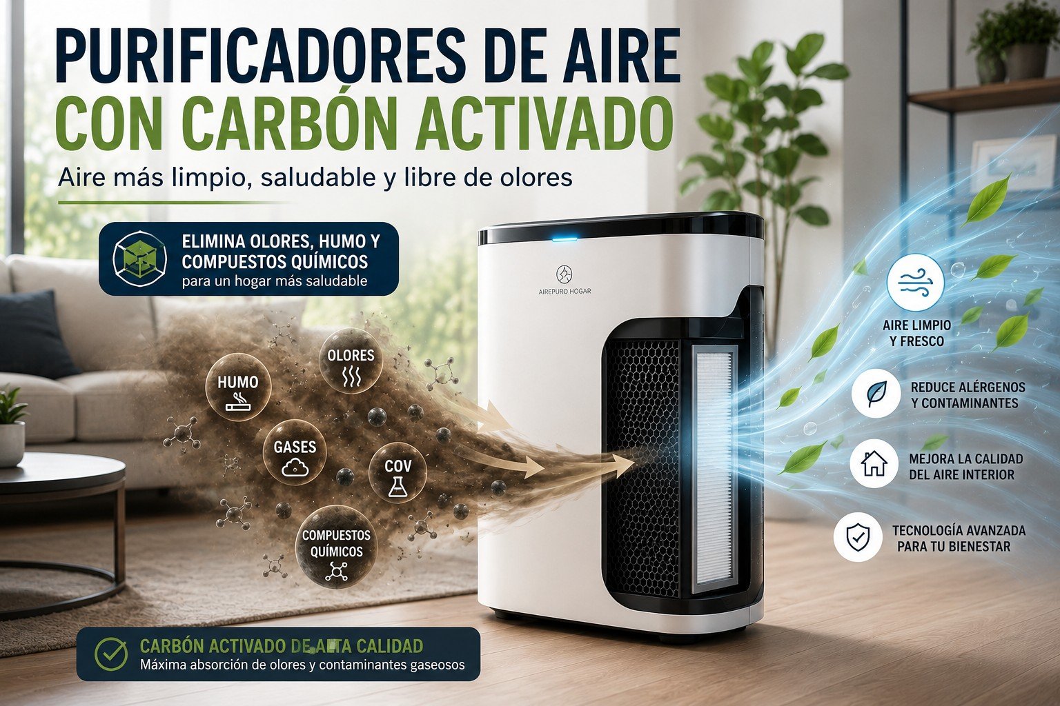 Purificador de aire con filtro de carbón activado eliminando humo, olores, gases y compuestos químicos en una sala moderna para mejorar la calidad del aire interior del hogar.