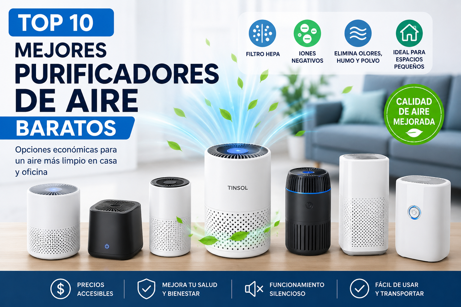 Top 10 mejores purificadores de aire baratos con filtro HEPA, mini purificadores para hogar y oficina con tecnología de iones negativos para mejorar la calidad del aire