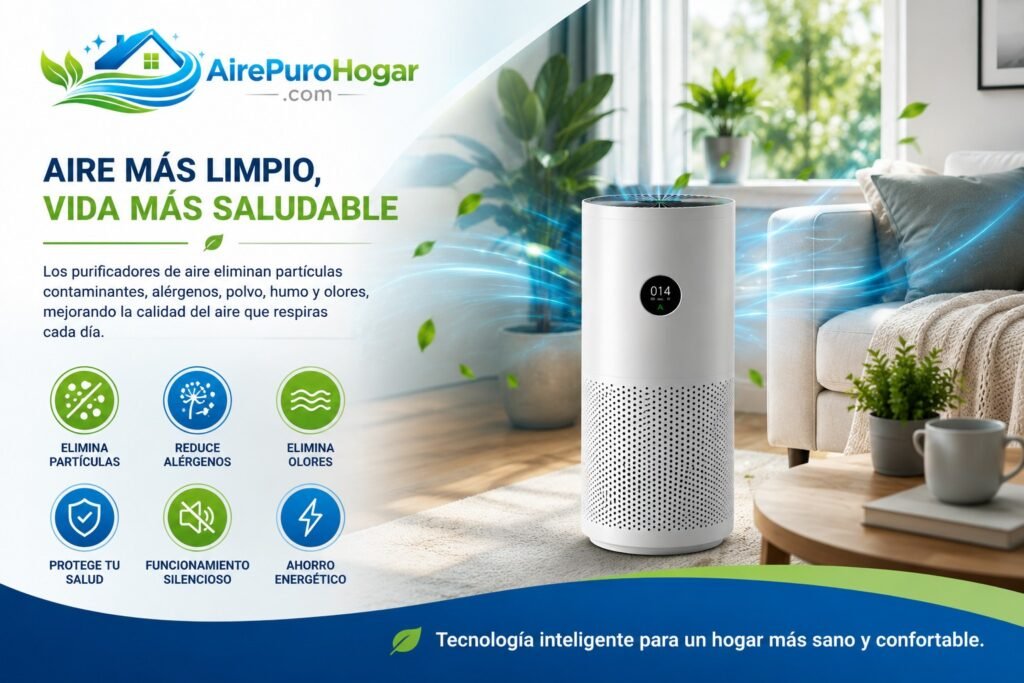 Purificador de aire de alta eficiencia en un hogar moderno con aire limpio, tecnología inteligente y filtración HEPA para una vida más saludable.