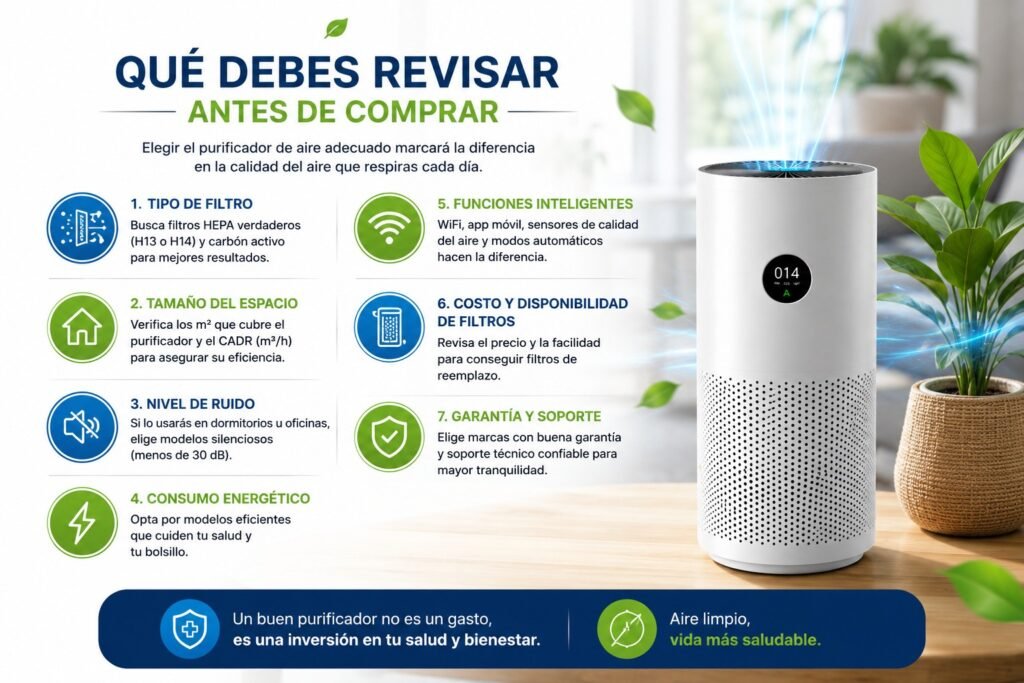 Guía para elegir un purificador de aire mostrando los factores más importantes antes de comprar, como filtro HEPA, cobertura, nivel de ruido, consumo energético y funciones inteligentes.